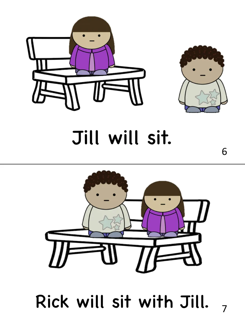 Mini-book pages 6 and 7: students read 'Jill will sit.' then 'Rick will sit with Jill.' as both children share the bench