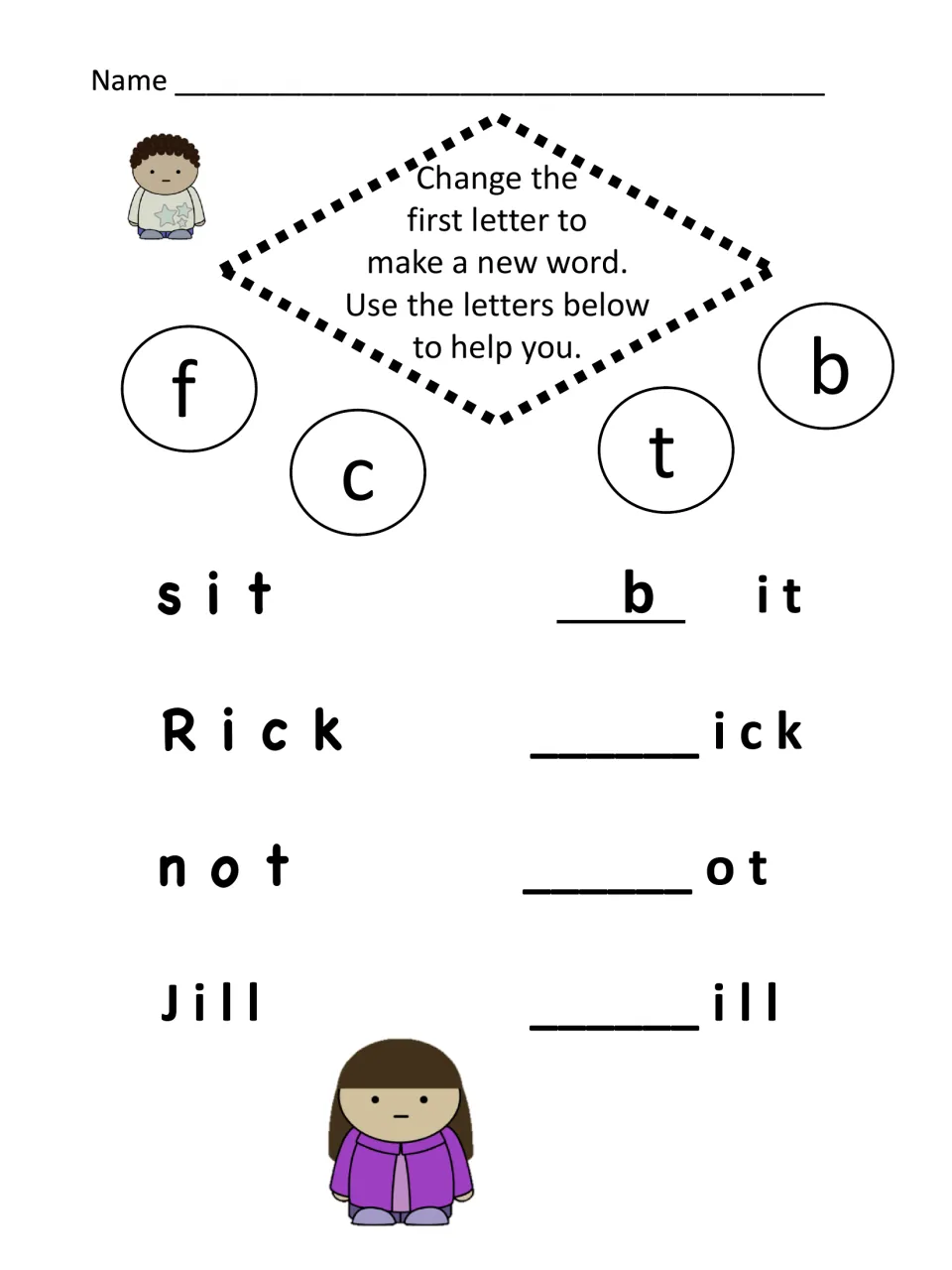 Word families: students change the first letter of sit, Rick, not and Jill using f, c, t and b to build new rhyming words