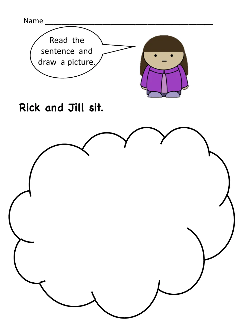 Reading comprehension: students read the sentence 'Rick and Jill sit.' and draw a picture showing what it means