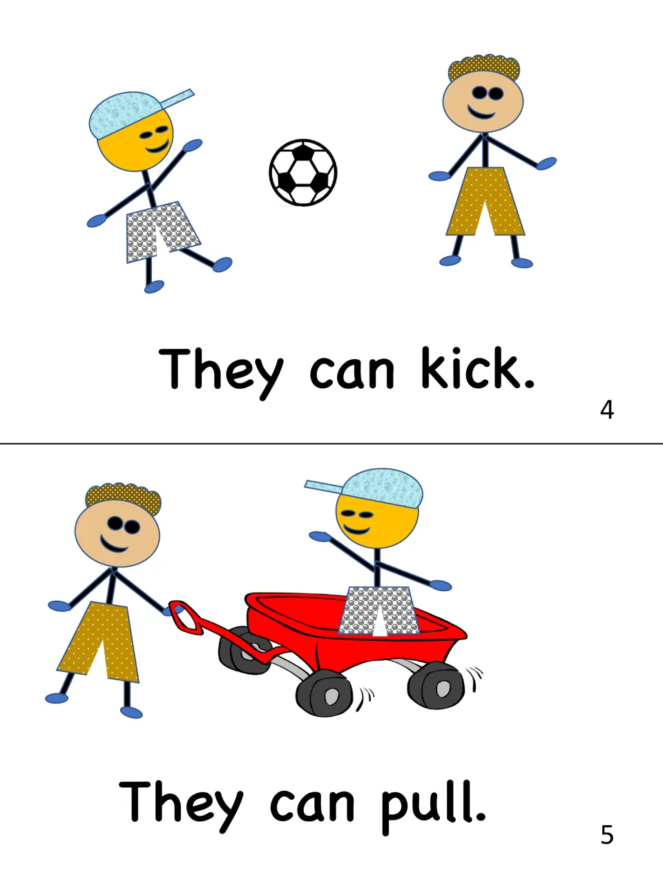 Story pages 4 and 5: 'They can kick.' with the boys and a soccer ball, and 'They can pull.' with Ed pulling a wagon