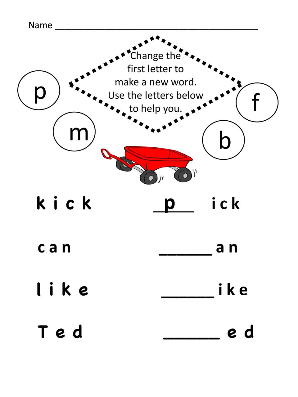 Beginning sounds: students change the first letter of kick, can, like and Ted using p, m, f and b to make new words