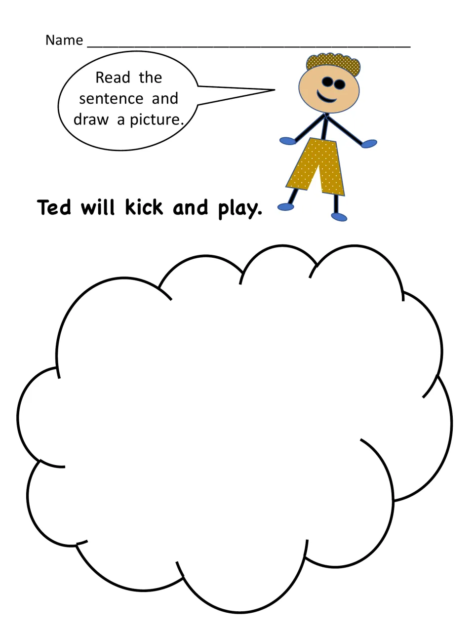 Read and draw: students read 'Ted will kick and play.' and draw a picture showing what the sentence means