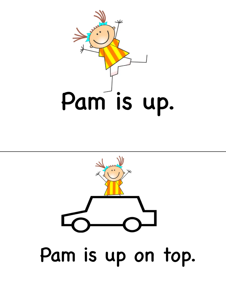 Story pages: Pam is up, then Pam stands on a car in Pam is up on top; students read short sentences with picture support
