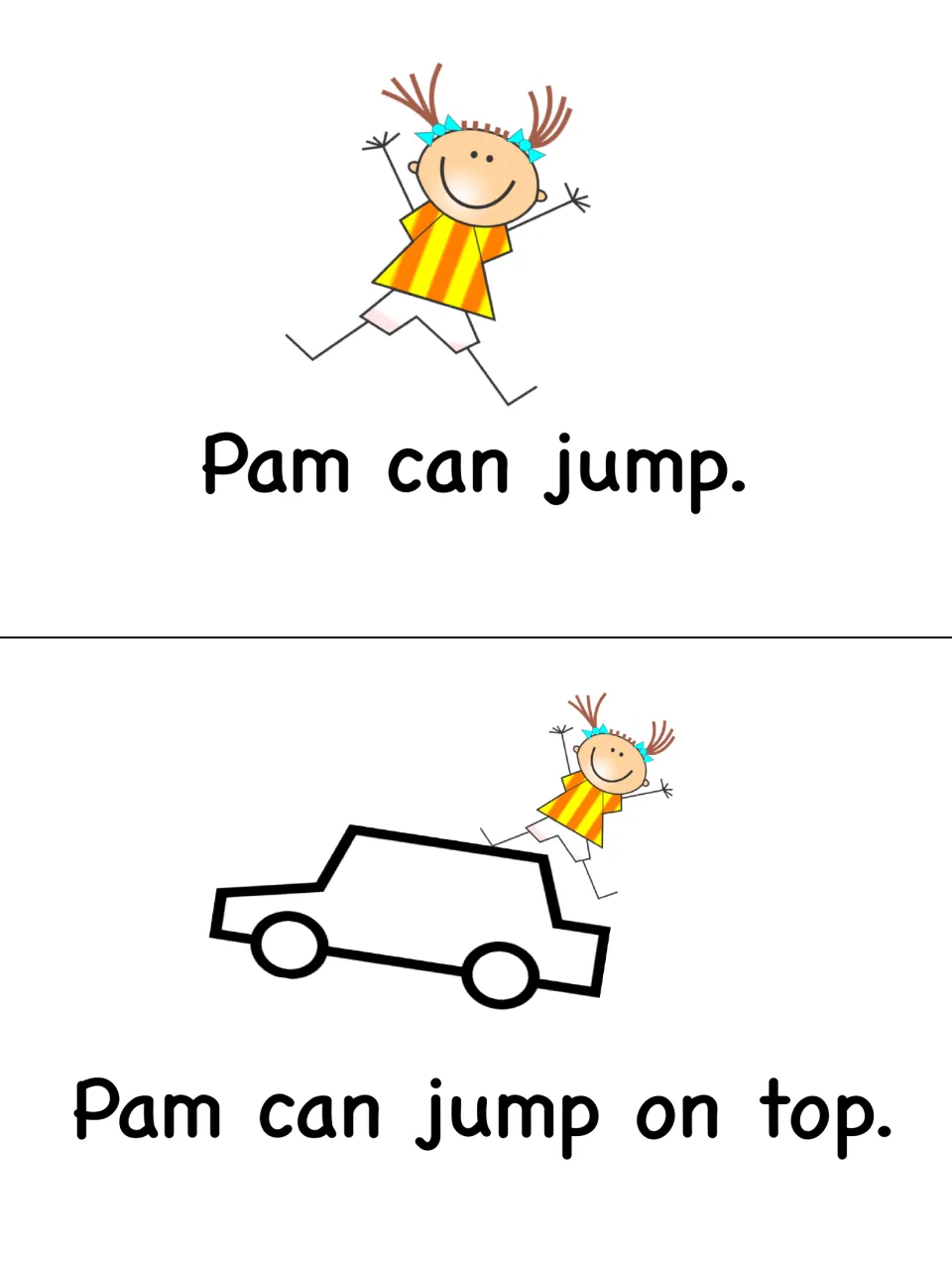 Story pages where Pam jumps, then leaps onto a car roof; students read repeated can and jump sentences ending with on top