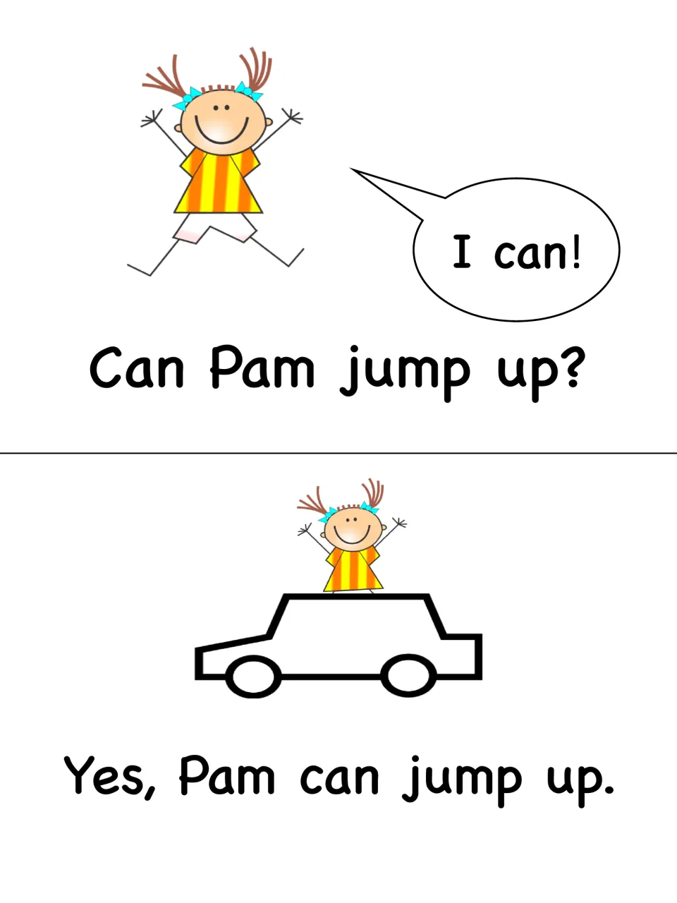 Story question and answer: Can Pam jump up? Pam says I can! in a speech bubble, then the yes answer shows her atop a car