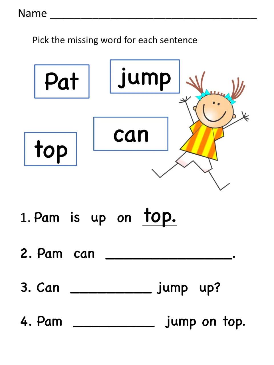 Missing word practice: students pick Pat, jump, can or top to complete four story sentences; item 1 is done as an example