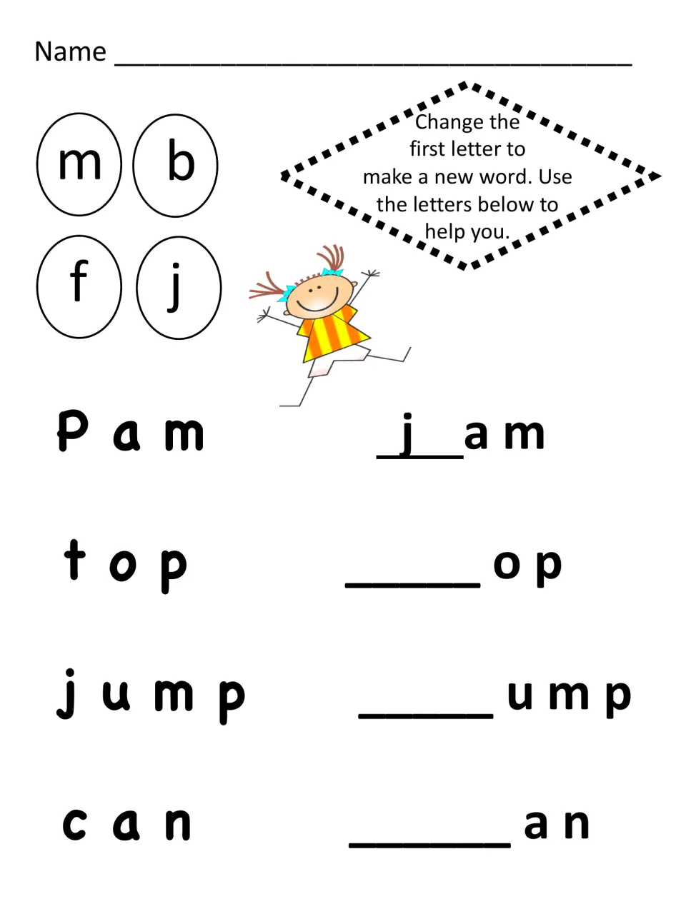 Word families: students change the first letter of Pam, top, jump and can using m, b, f or j to make new words, as in jam