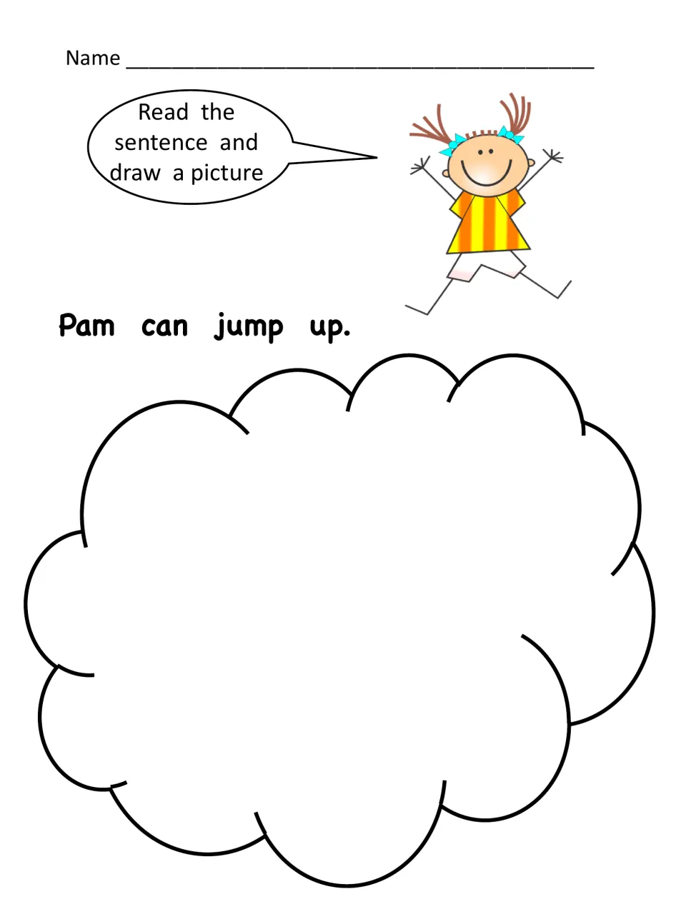 Read and draw: students read the sentence about Pam jumping up and draw a picture of it in the large cloud shape below