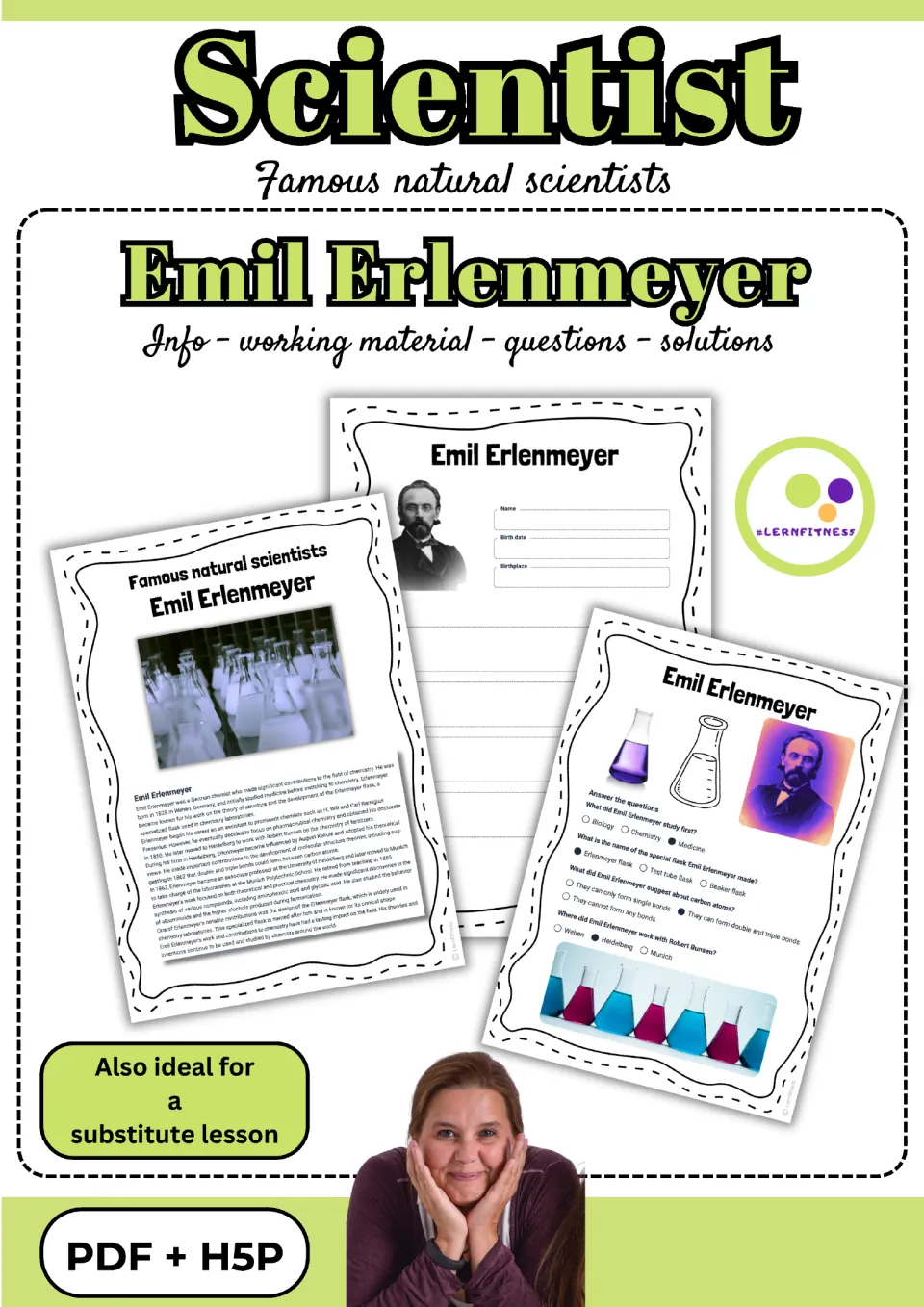 Cover of the Emil Erlenmeyer resource showing biography, profile, and quiz samples, labeled PDF + H5P