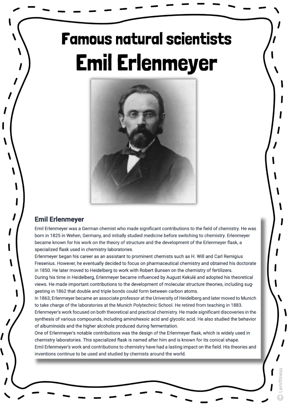 Biography reading about Emil Erlenmeyer's chemistry career, molecular structure work, and flask, with his portrait