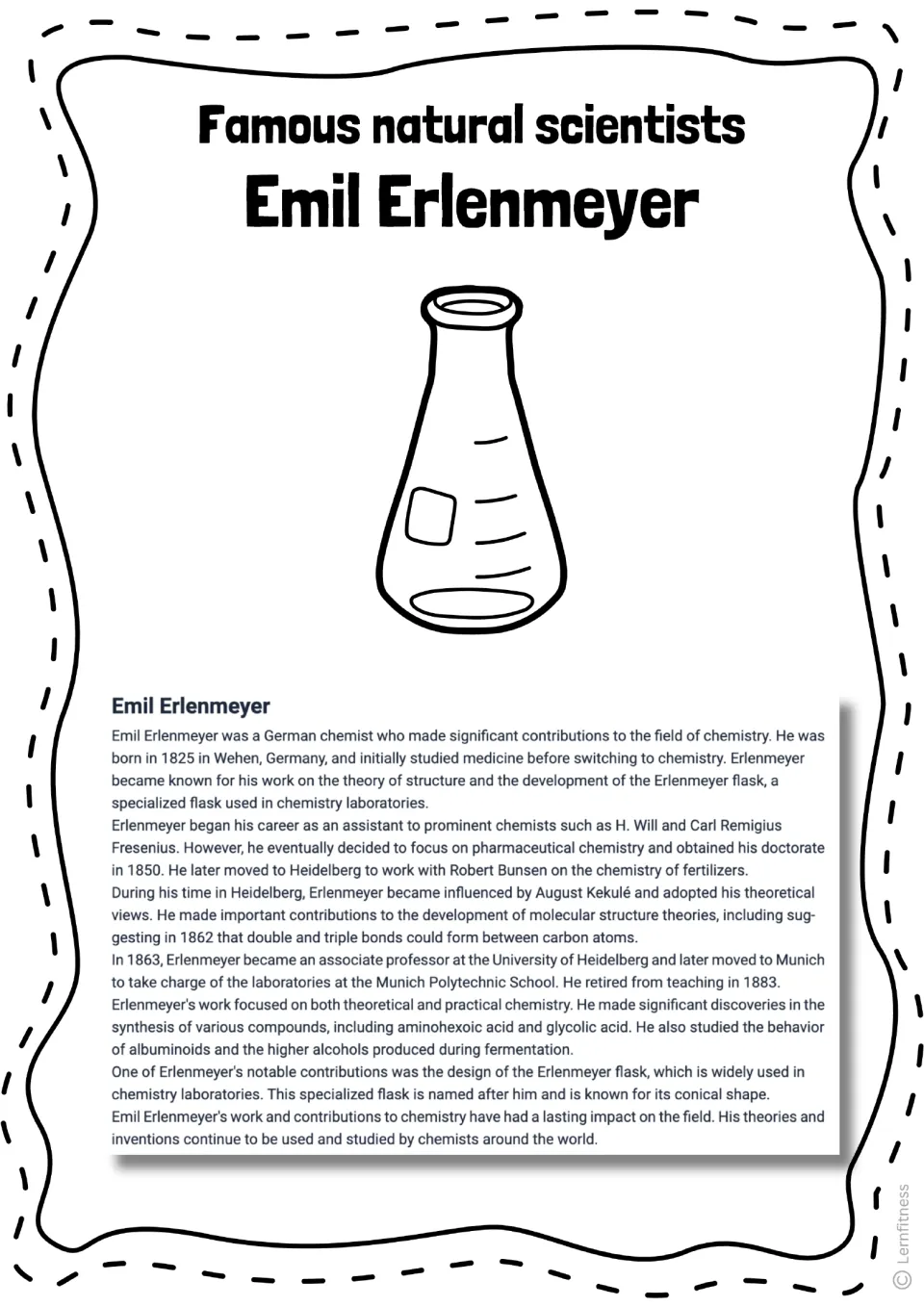 Biography reading about Emil Erlenmeyer's studies, chemistry research, and flask, illustrated with a flask drawing