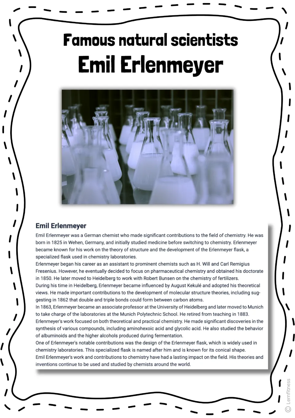 Biography reading about Emil Erlenmeyer's life and contributions to chemistry, with a photograph of lab flasks