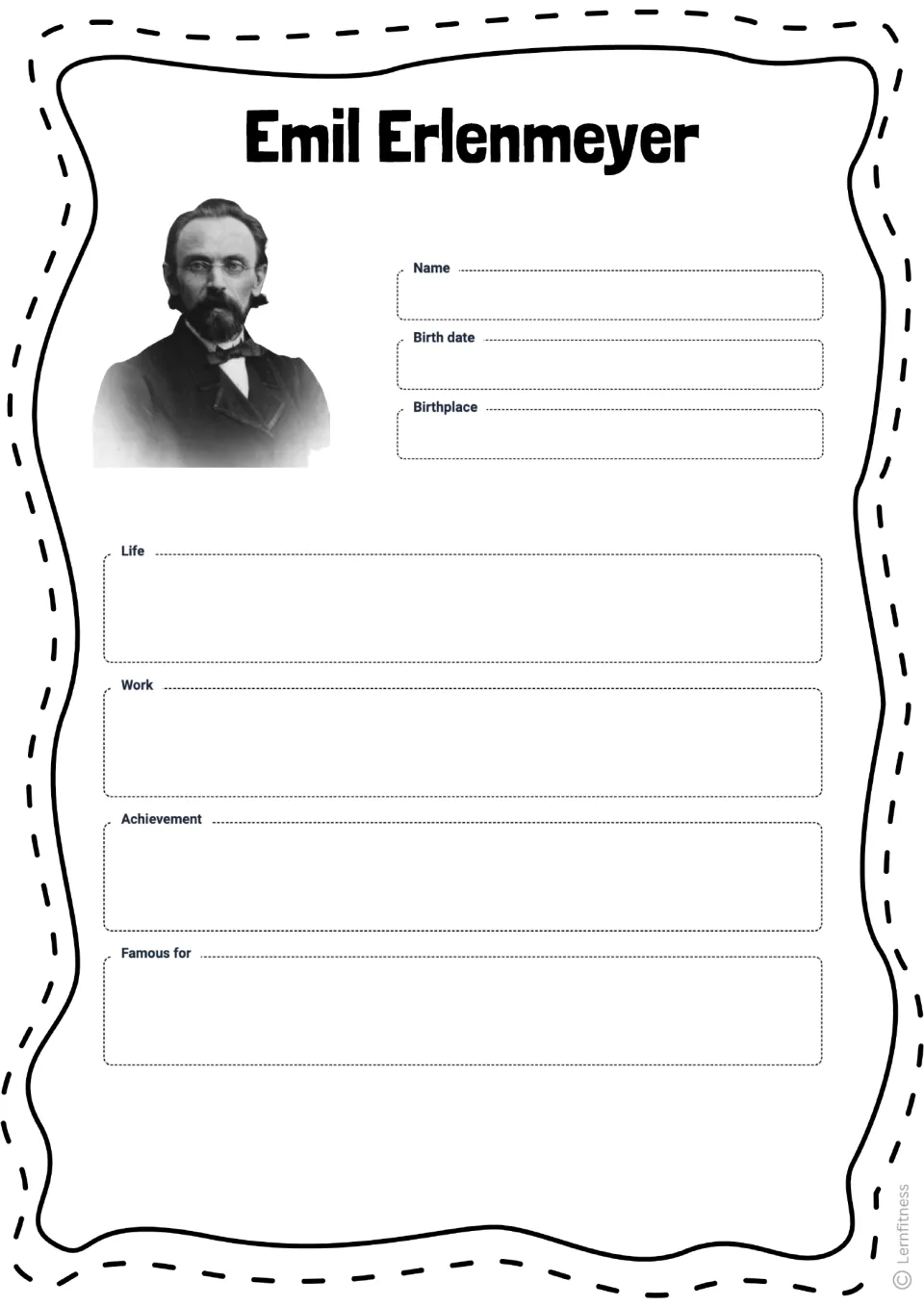Student profile for Emil Erlenmeyer asking for birth details, life, work, achievement, and what he is famous for