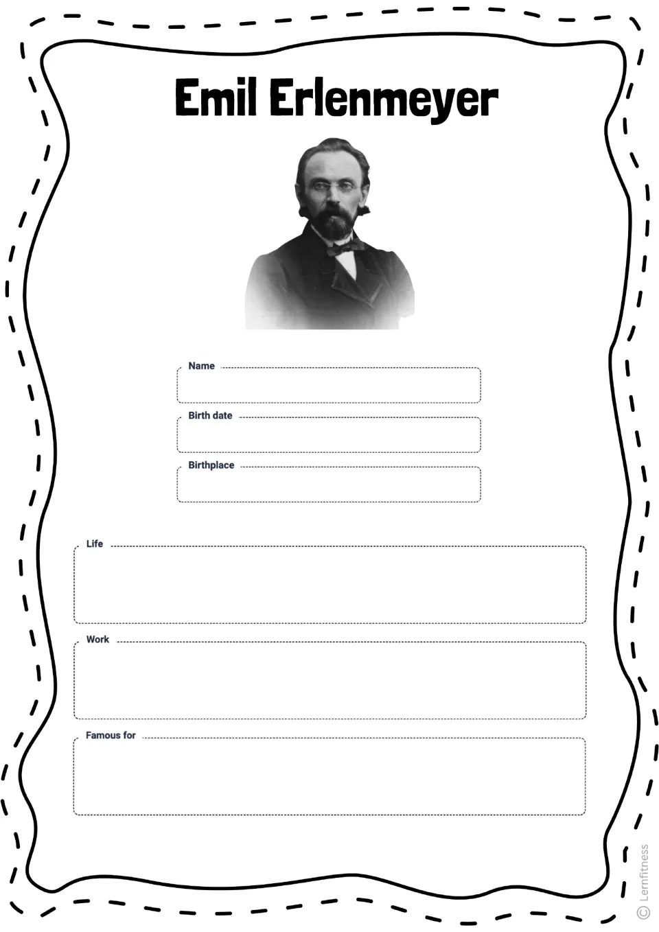 Student profile for Emil Erlenmeyer asking for his name, birth date, birthplace, life, work, and reasons for fame