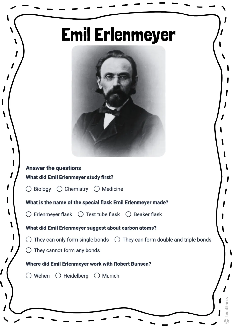 Four-question Emil Erlenmeyer quiz on his first studies, flask, carbon bonds, and work location with Robert Bunsen