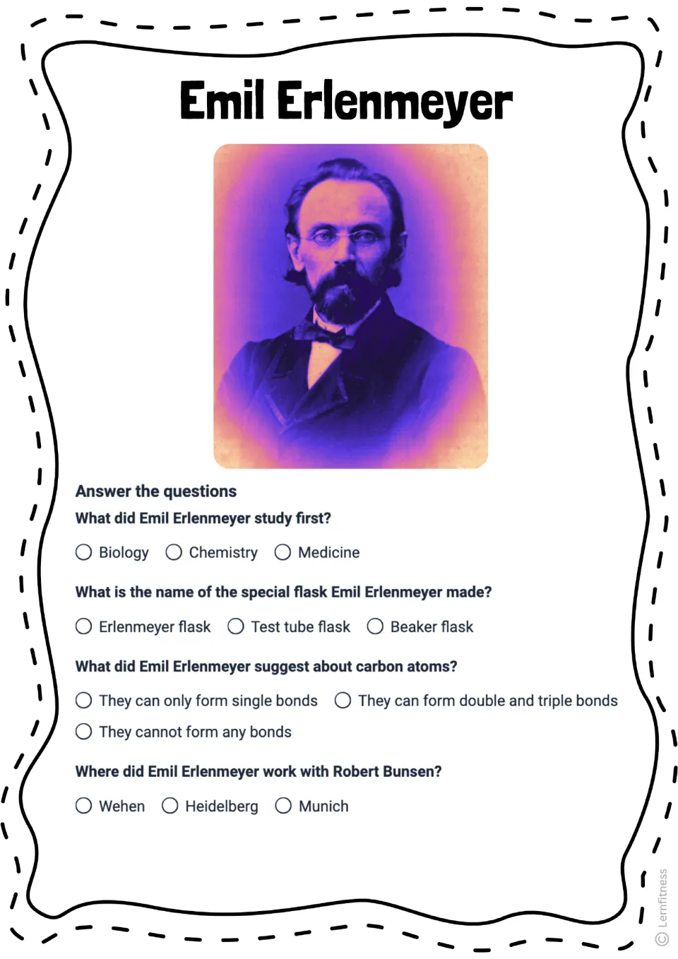 Emil Erlenmeyer quiz with a color portrait and four questions about his studies, flask, carbon bonds, and Bunsen
