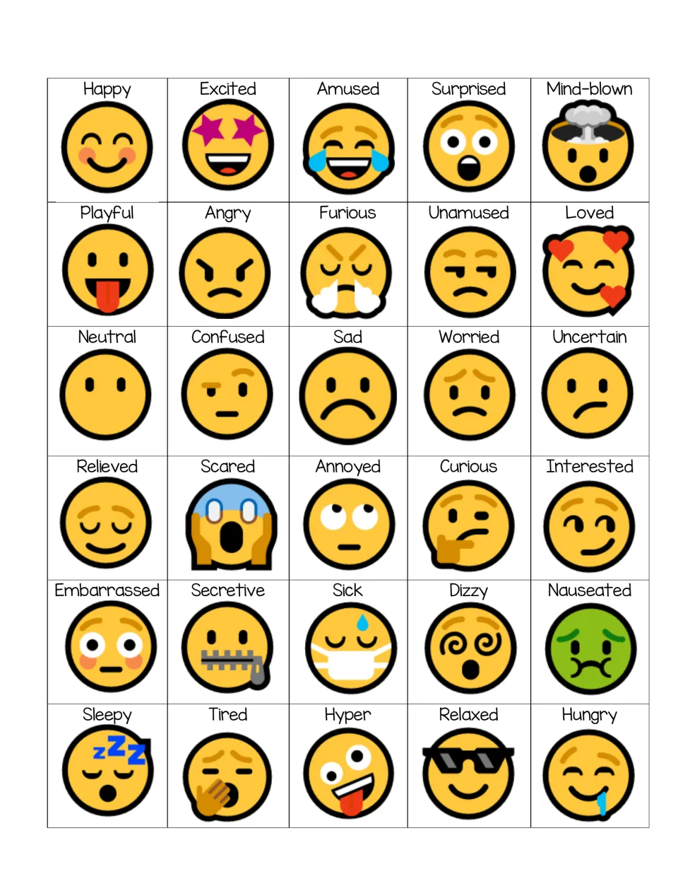 Emotions reference chart: 30 labelled emoji faces from happy and excited to sleepy, tired and hungry for naming feelings