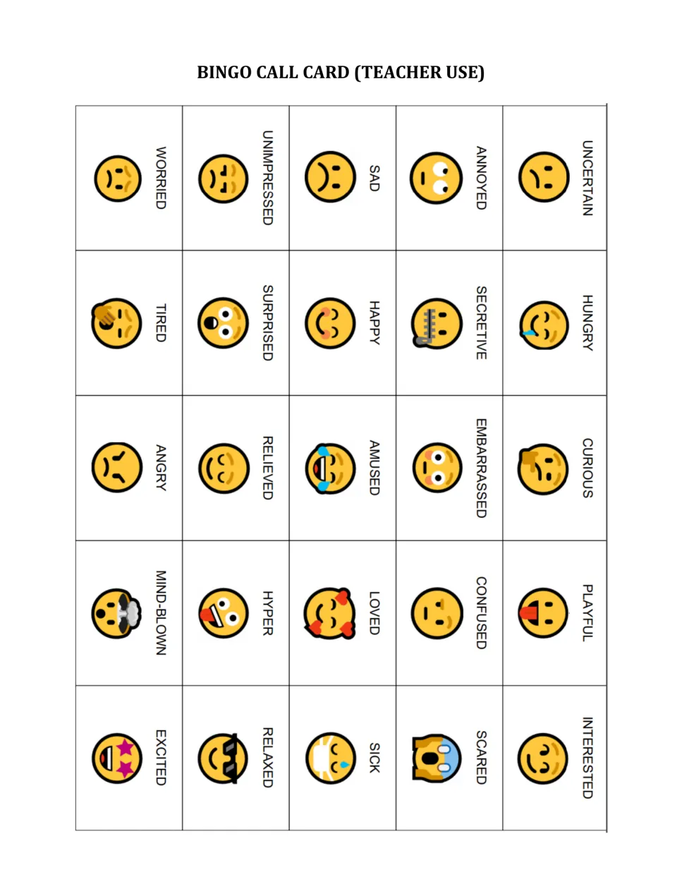 Bingo call card for the teacher: 25 emoji faces labelled uncertain, annoyed, sad, worried and more to call during play