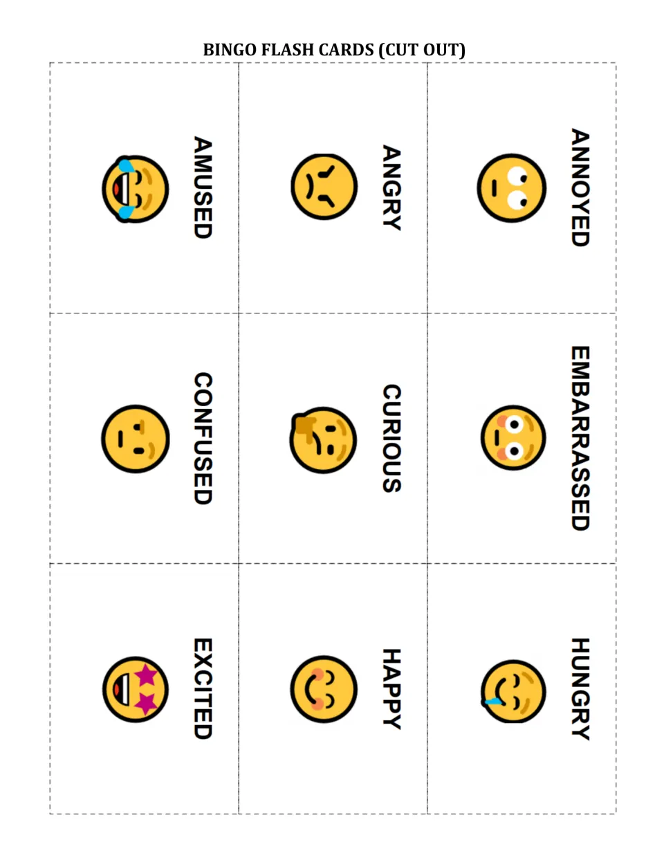 Cut-out flash cards naming feelings: annoyed, angry, amused, embarrassed, curious, confused, hungry, happy and excited