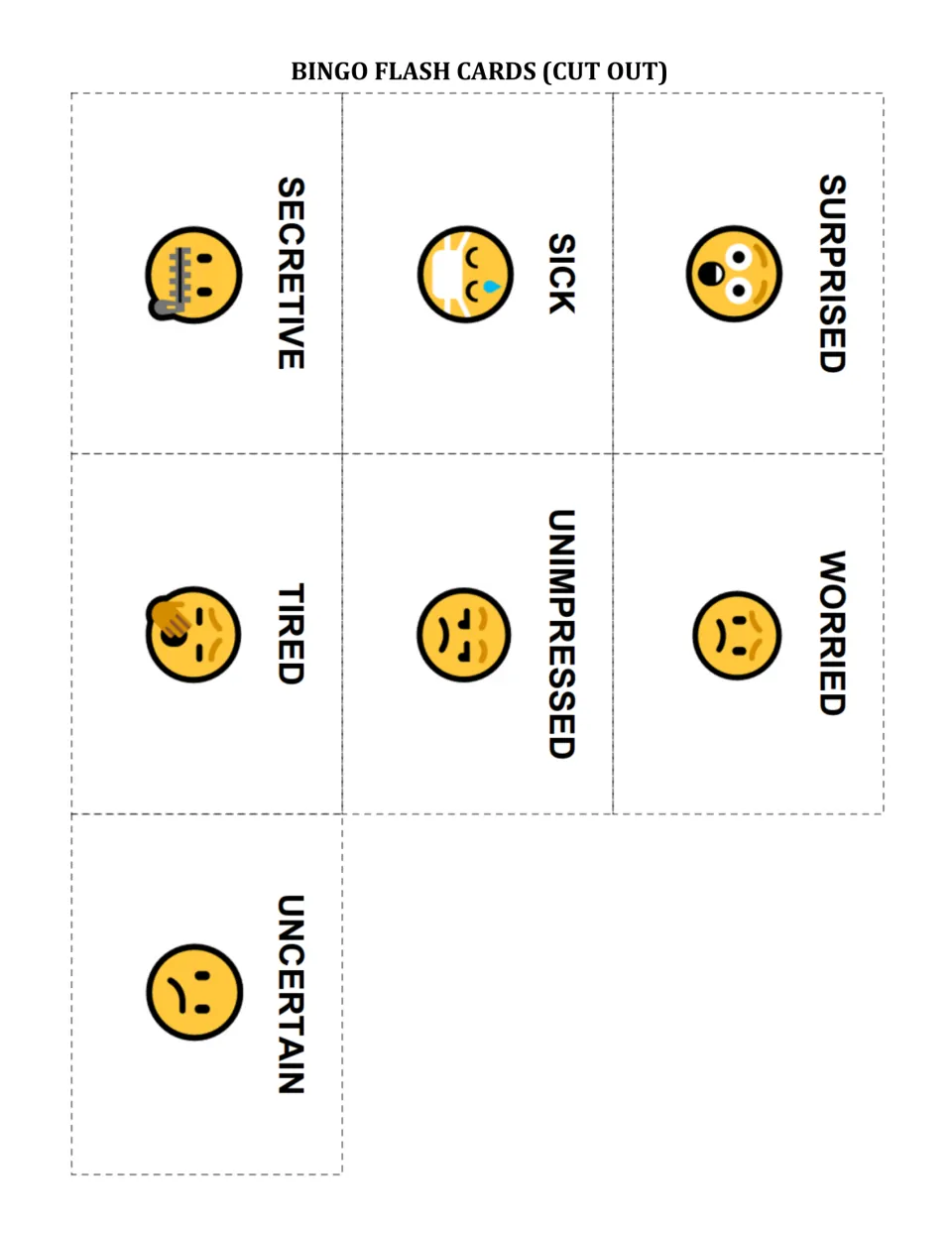 Final seven cut-apart feeling cards: surprised, sick, secretive, worried, unimpressed, tired and uncertain emoji