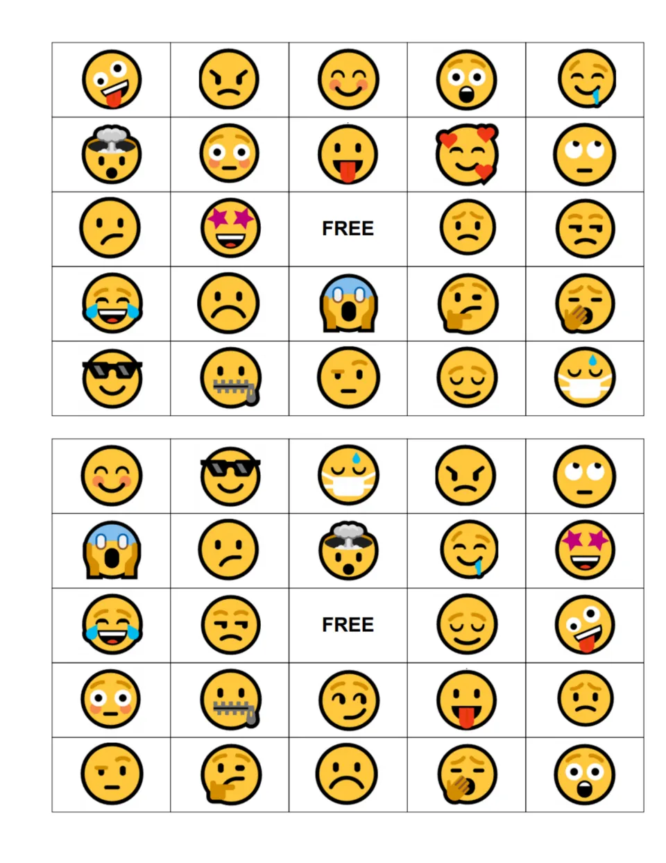 Two player bingo boards of unlabeled emoji faces with a FREE centre; students mark each feeling as it is called