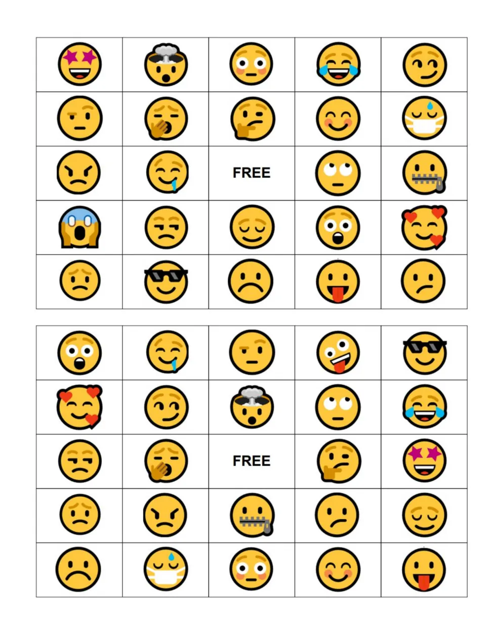 Another pair of 5x5 emoji boards; top board opens with star-eyed excited and mind-blown faces around a FREE square