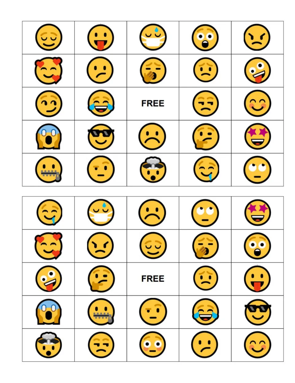 Two more emoji game boards, the first starting with relieved and playful faces; players match called emotions to faces