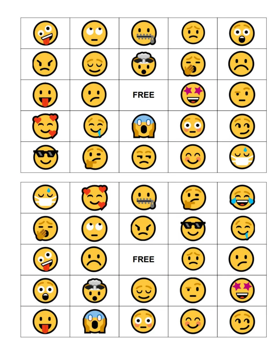 Emoji boards with hyper and annoyed faces in the top corner row; students spot called feelings and cover matching squares