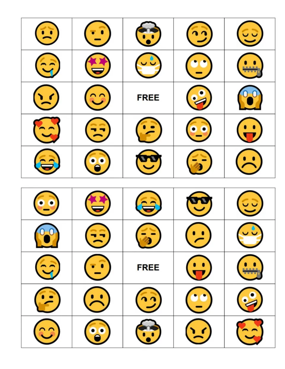 Last pair of emoji boards, top board beginning with worried and confused faces; recognise each emotion to win a line