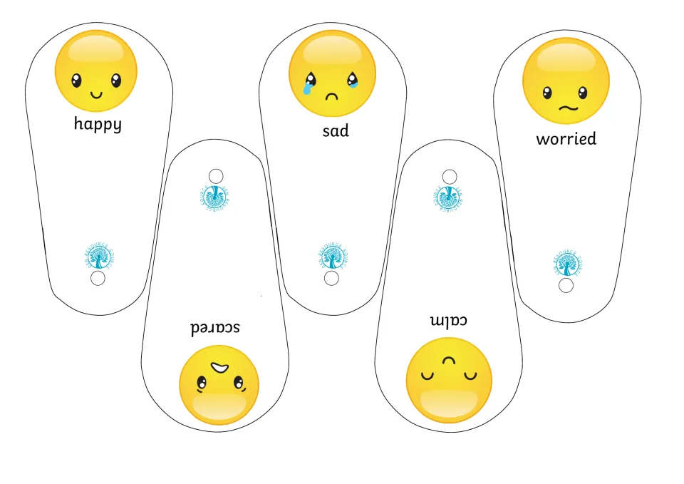 Emotion fan cut-out pieces: five emoji blades labeled happy, sad, worried, scared and calm, each with a hole to join