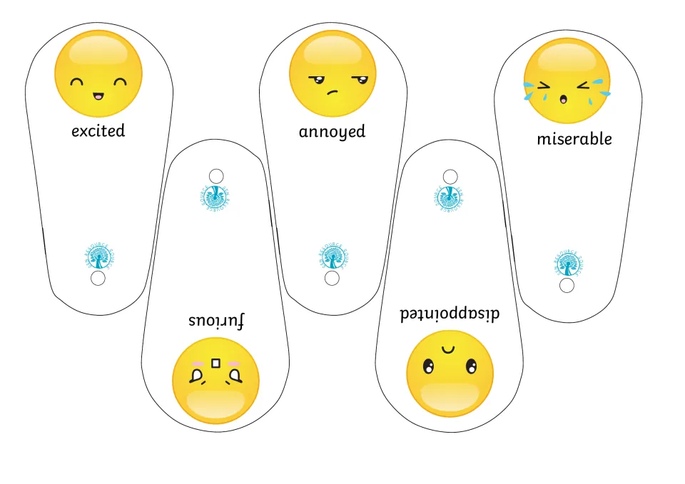 Feelings vocabulary cut-out pieces: emoji blades for excited, annoyed, miserable, furious and disappointed