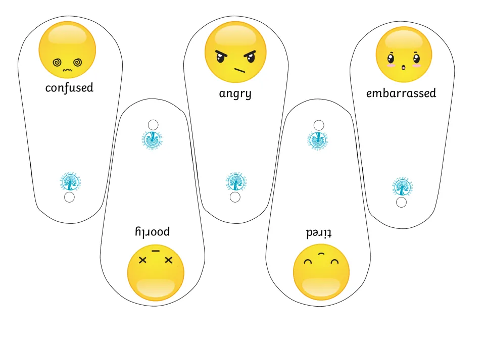 Emoji fan cut-out pieces naming feelings: confused, angry, embarrassed, poorly and tired, each with a matching face