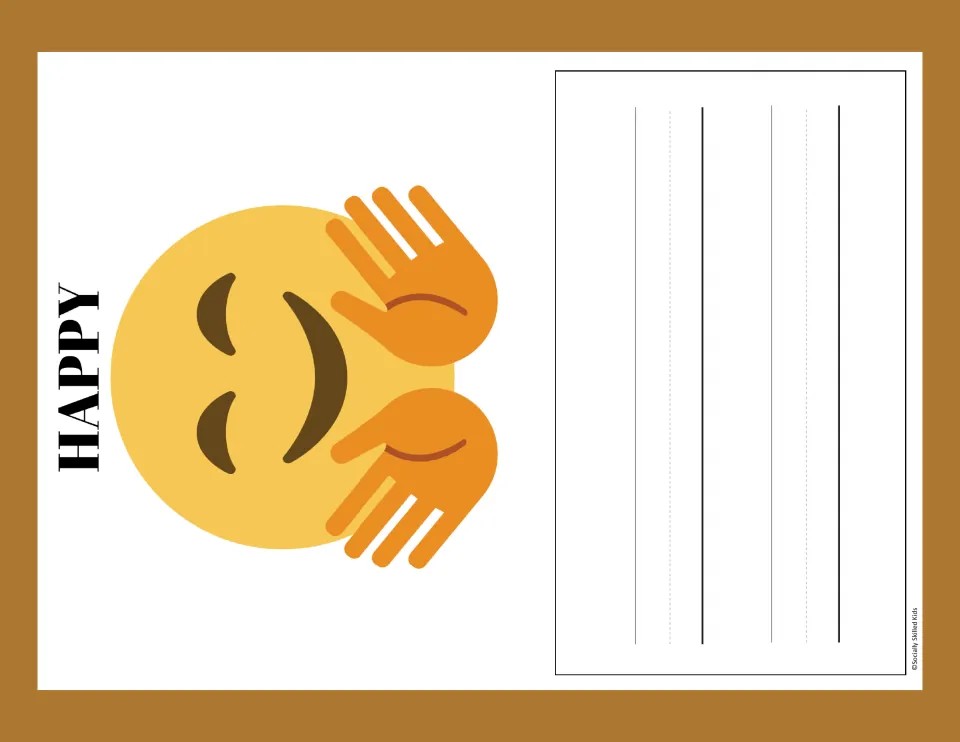 Happy: smiling yellow emoji with open hands beside handwriting lines where students write about a time they felt happy