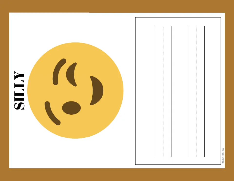 Silly: winking yellow emoji with a playful face beside handwriting lines for writing about a time students felt silly