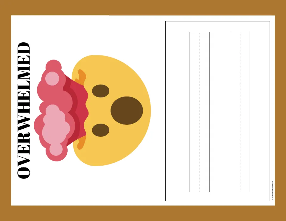 Overwhelmed: shocked emoji with an exploding head beside handwriting lines for describing a time students felt overwhelmed