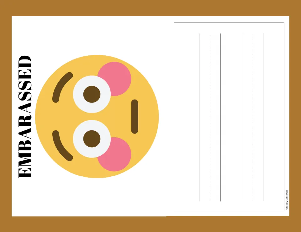 Embarrassed: wide-eyed, blushing emoji beside handwriting lines for writing about a moment that felt embarrassing