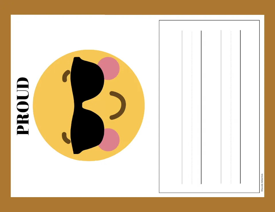 Proud: blushing emoji in sunglasses beside handwriting lines where students describe a time they felt proud