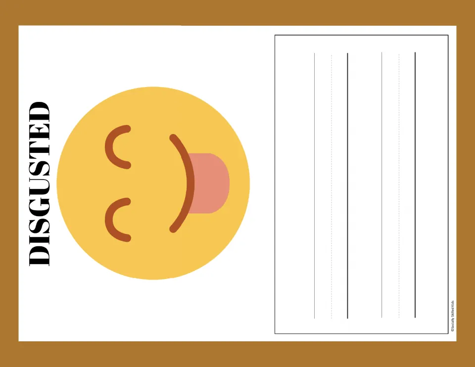 Disgusted: yellow emoji sticking out its tongue beside handwriting lines for writing about something that felt gross