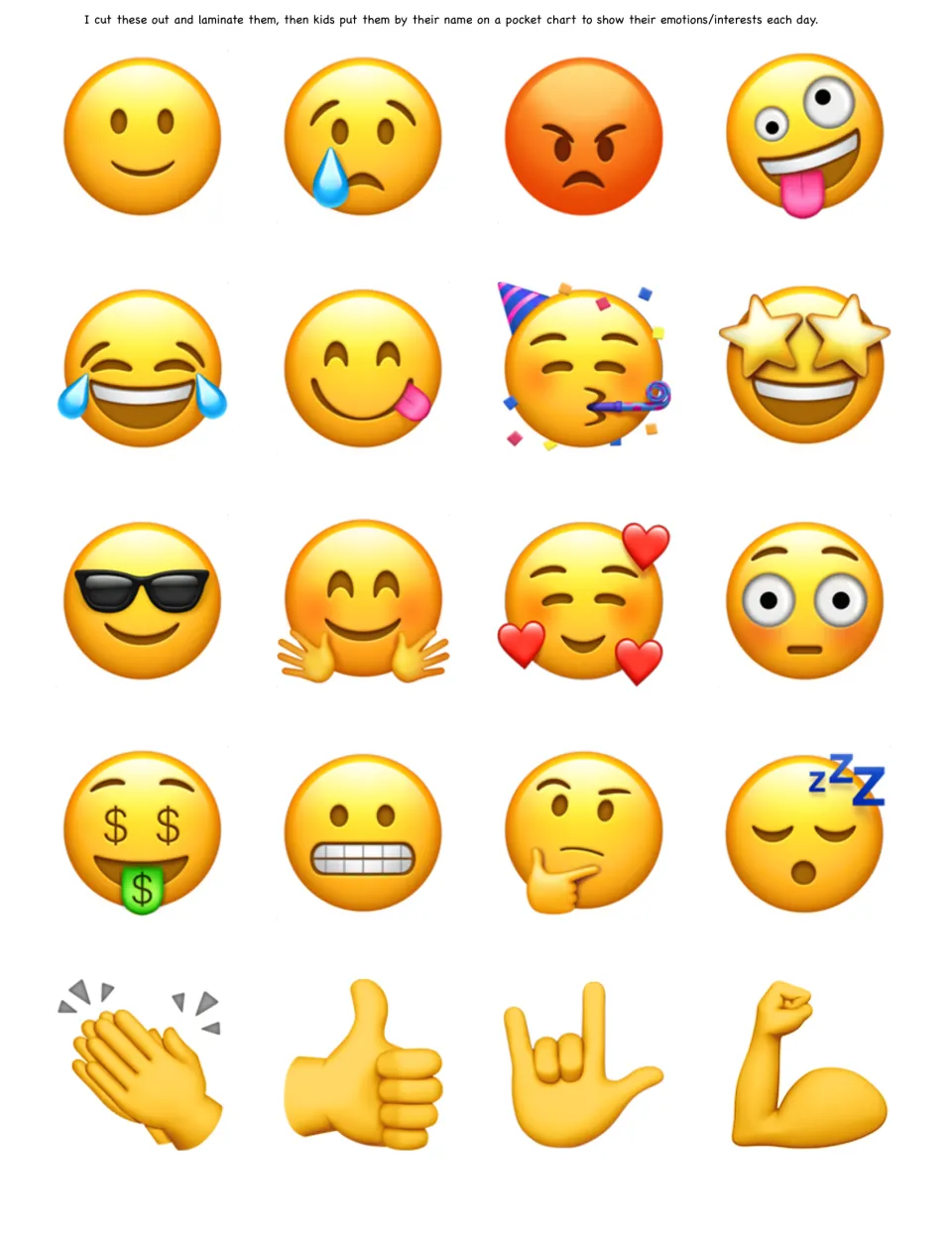 Feelings emoji cards: 20 faces and hand signs, from happy, sad and angry to sleepy and thumbs-up, to cut out and laminate