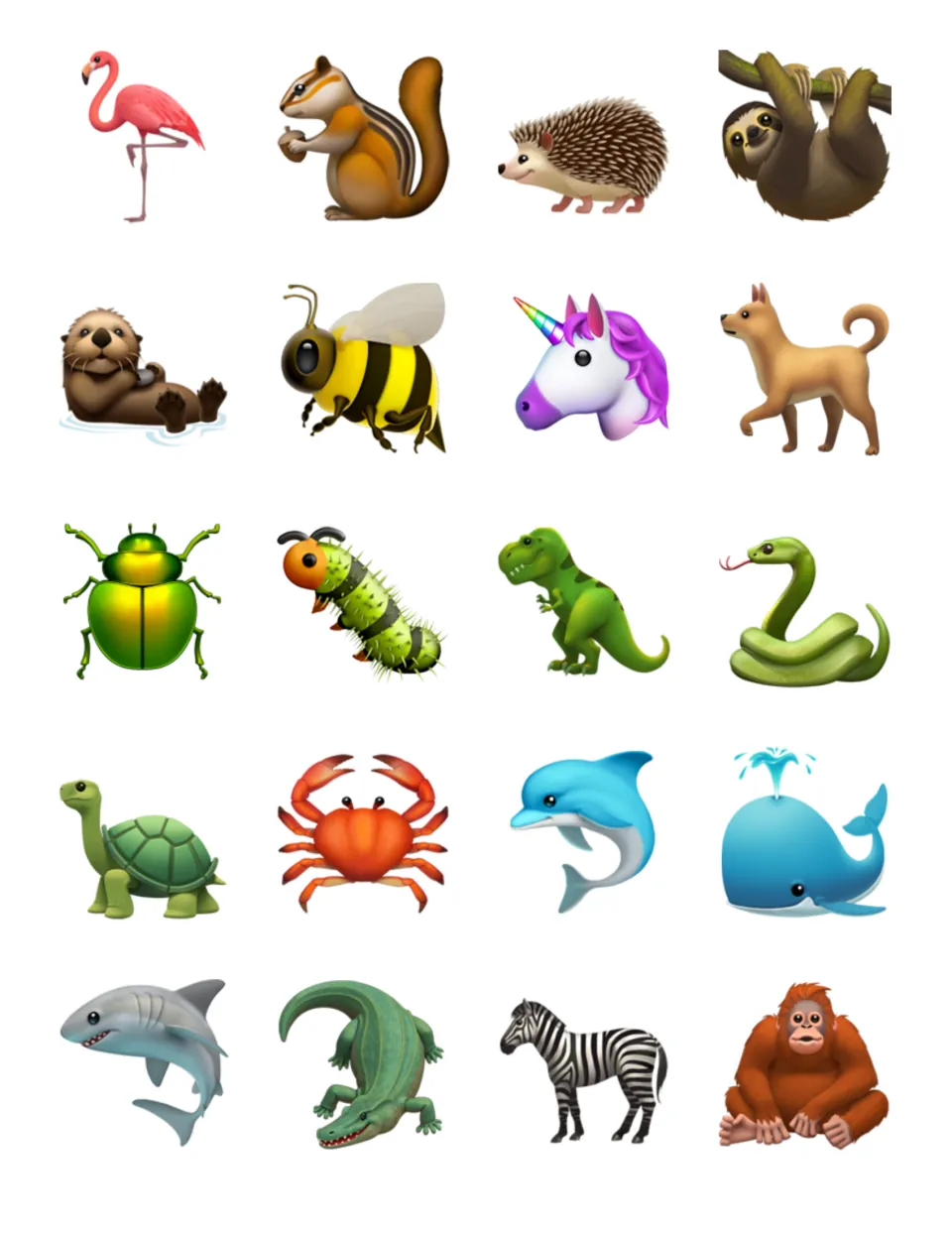 Animal emoji cards: 20 creatures to cut out, including flamingo, sloth, unicorn, dinosaur, crab, dolphin, shark and zebra