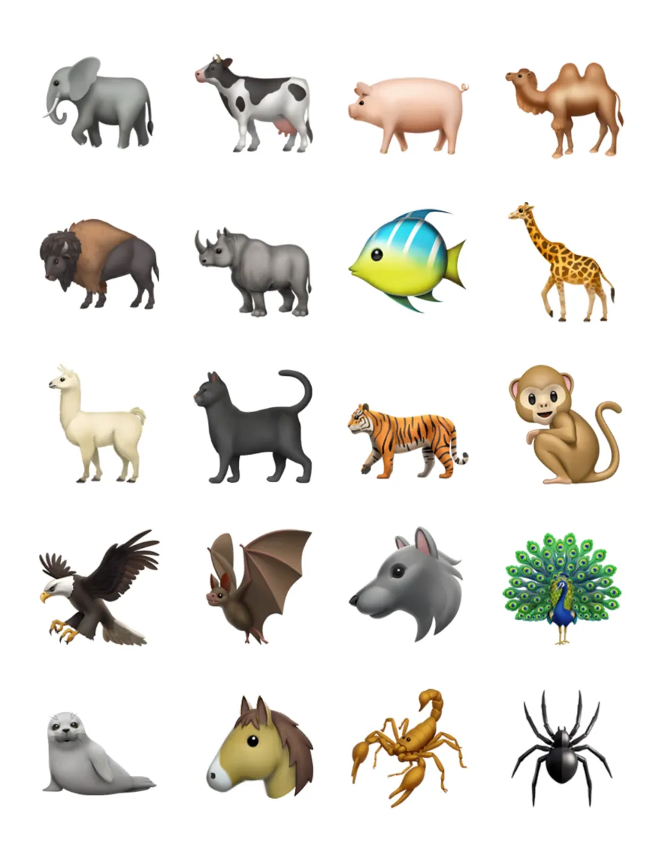 More animal emoji cards: 20 to cut out, among them elephant, cow, giraffe, tiger, monkey, eagle, peacock, seal and spider