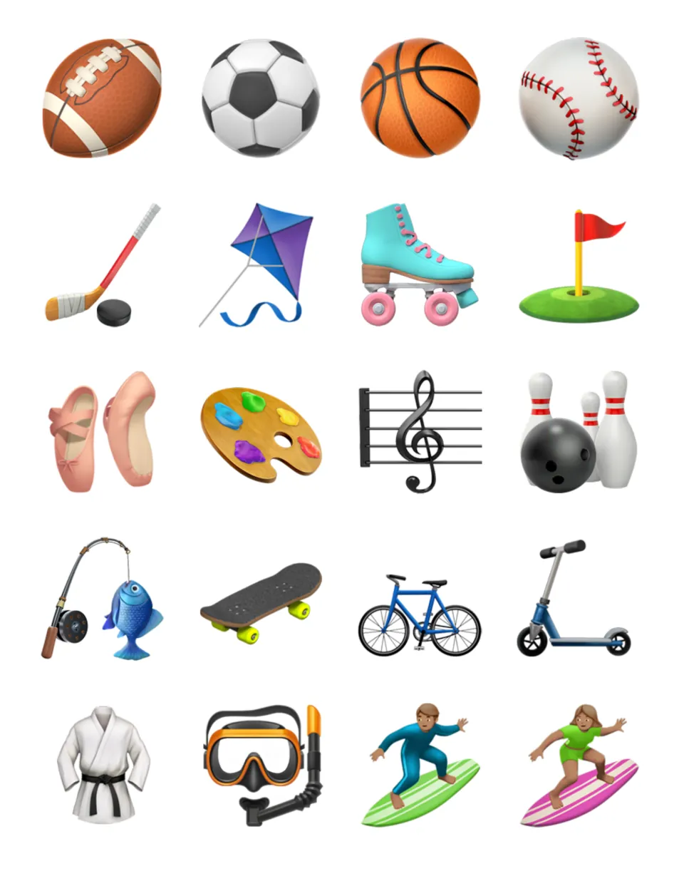 Sports and hobbies emoji cards: football, soccer ball, hockey, kite, ballet shoes, palette, music, skateboard, surfing