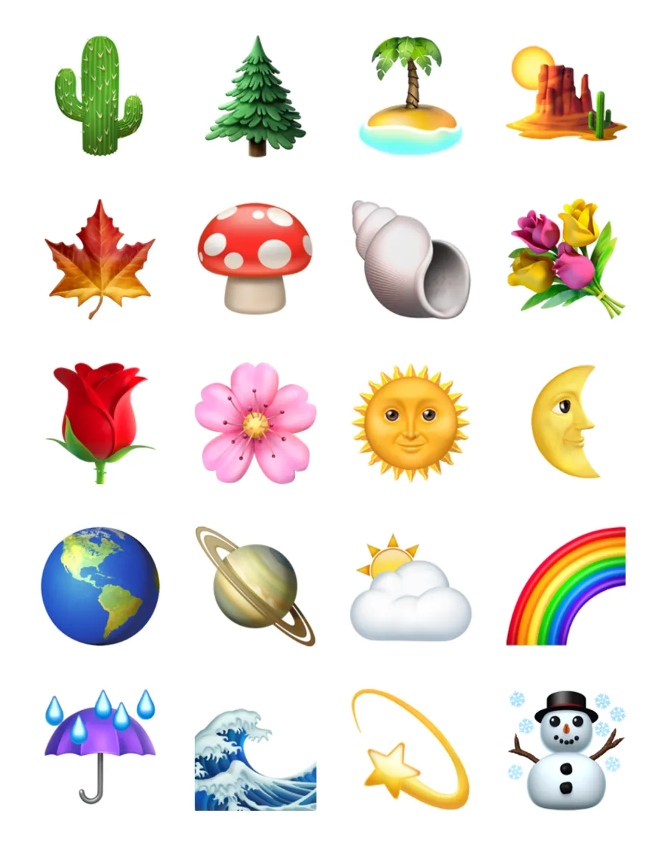 Nature and weather emoji cards: cactus, palm island, maple leaf, rose, sun, moon, Earth, rainbow, umbrella and snowman