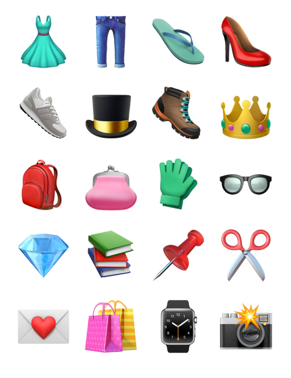 Clothing and item emoji cards: dress, jeans, sneaker, top hat, crown, backpack, glasses, books, scissors, camera