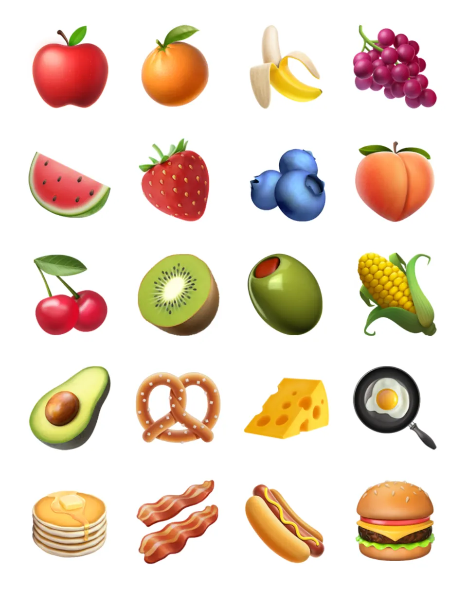 Fruit and snack food emoji cards: apple, banana, grapes, strawberry, kiwi, corn, avocado, pretzel, pancakes and burger