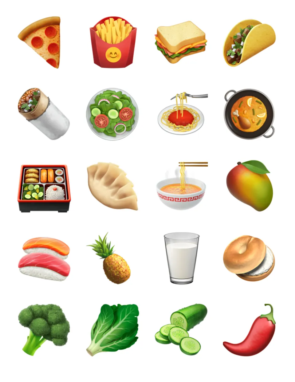 Meal emoji cards: pizza, fries, taco, burrito, salad, spaghetti, bento box, noodles, sushi, pineapple, broccoli, pepper