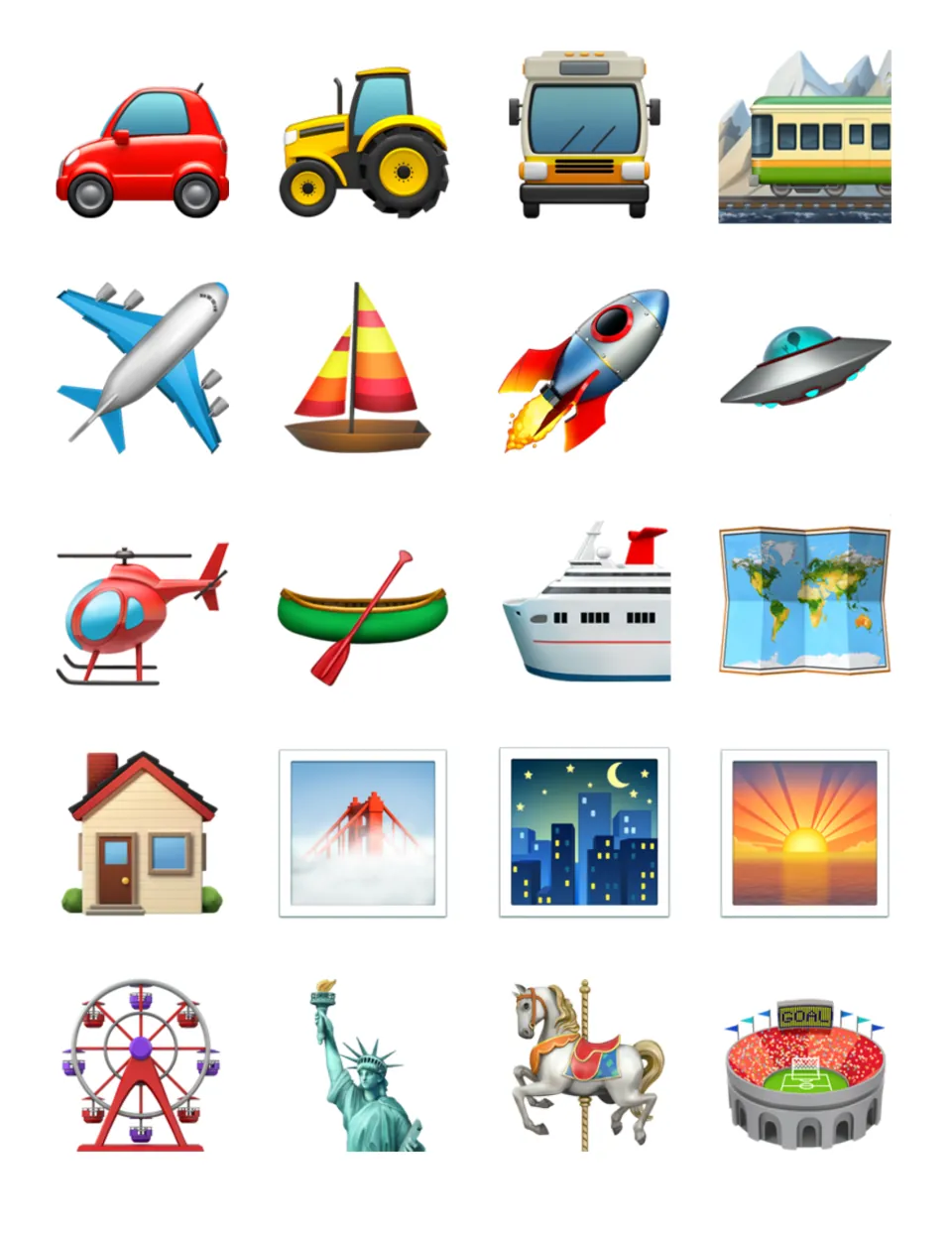 Travel and places emoji cards: car, airplane, rocket, UFO, helicopter, cruise ship, map, house, Ferris wheel, stadium