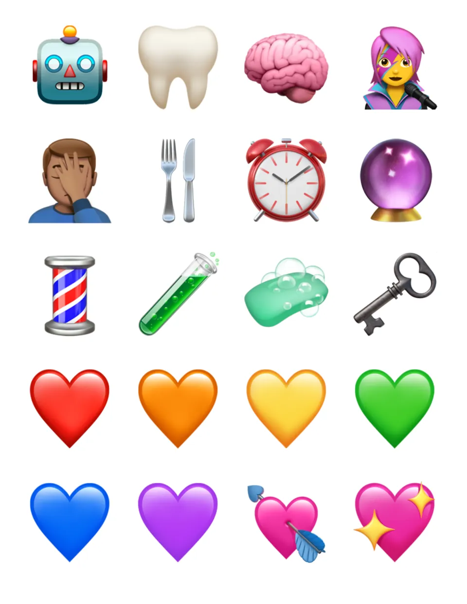 Mixed emoji cards: robot, tooth, brain, facepalm, alarm clock, crystal ball, test tube, key and hearts in rainbow colors