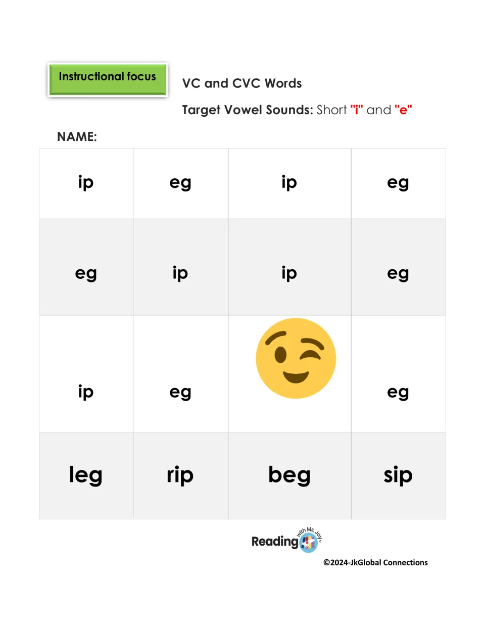 RAN chart 2: short i and e VC patterns ip and eg, followed by the CVC words leg, rip, beg, and sip.