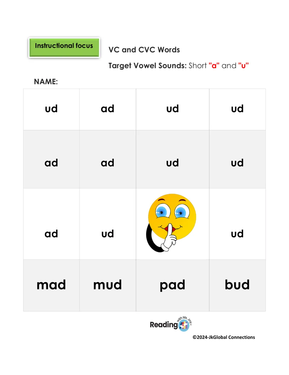 RAN chart 3: short a and u VC patterns ud and ad, followed by the CVC words mad, mud, pad, and bud.